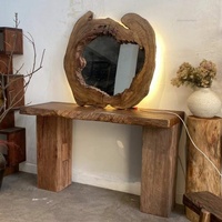 Rustic Wabi Sabi Style Live Edge Solid Wood Natural Slab Entryway LED Mirror Furniture with Ambient Light Console Table