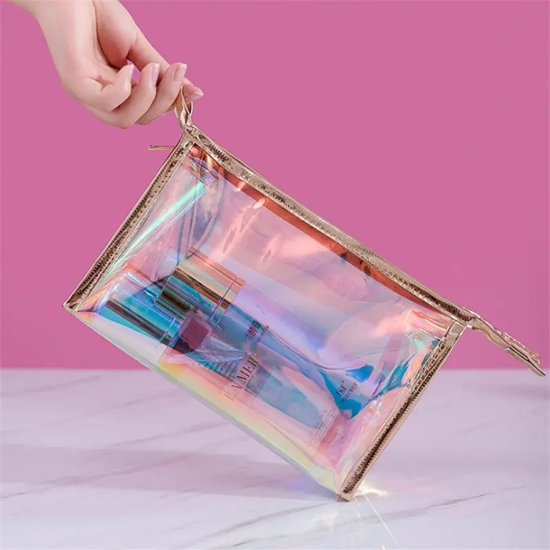 Holographique femmes maquillage plastique impression fourre-tout Transparent voyage rose petite trousse de toilette Tpu matériel Laser sac cosmétique