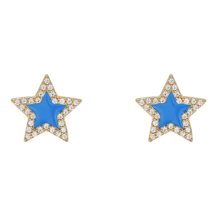 S925 silver micro-inset zircon drop glue five-pointed star earrings women Europe and the United States new jewelry