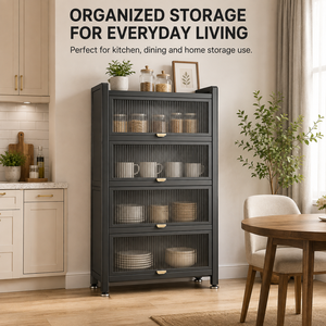 <span class=keywords><strong>Meuble</strong></span> de rangement de cuisine moderne avec portes en verre cannelé, étagère de rangement métallique à 5 niveaux <span class=keywords><strong>pour</strong></span> <span class=keywords><strong>micro</strong></span>-ondes et four - Product Image 2