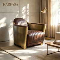 Fauteuil vintage aviateur avec accents de rivets métalliques, style industriel rétro, en cuir véritable, pour salon, bureau ou hôtel