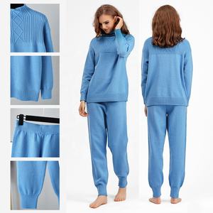 Haute qualité torsadé côtes tricot Angola Viscose pull deux pièces ensemble femmes vêtements lâche revers <span class=keywords><strong>pantalon</strong></span> <span class=keywords><strong>pantalon</strong></span> costume décontracté - Product Image 3