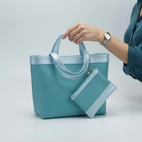 Ensemble sac fourre-tout et pochette zippée 2-en-1 pour femme, en cuir PU bleu clair, imperméable, décontracté, pour voyage et shopping, sac à bandoulière