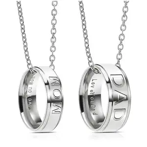 Titanium Steel Father's Mother's Day Gift Love You DAD MOM Matching Ring Pendant Necklace Birthday Anniversary Present