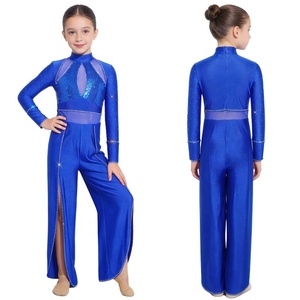 Justaucorps de danse lyrique pour filles avec strass et sequins, maille, col montant, pantalon large fendu, coupe ajustée pour la compétition, personnalisable - Product Image 2