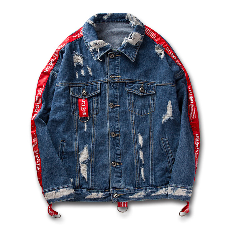 Shop Our New Arrival Mens Hiphop Jeans Jacket with Red Stripes