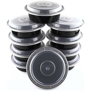 Recipientes Redondos Apilables de Plástico PP Negro de Grado Alimenticio para Almacenamiento de Alimentos, Recipientes Desechables para Preparación de Comidas con Tapa - Product Image 1