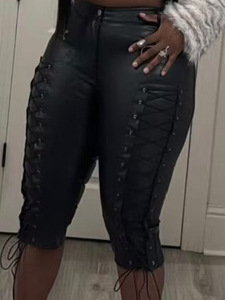 PEEQI FC1436 <span class=keywords><strong>Sexy</strong></span> Nuovi Pantaloni Primaverili da Donna in Pelle PU con Dettagli Traforati, Lacci e Cerniera, Pantaloni Aderenti in Pelle per Nightclub - Product Image 2
