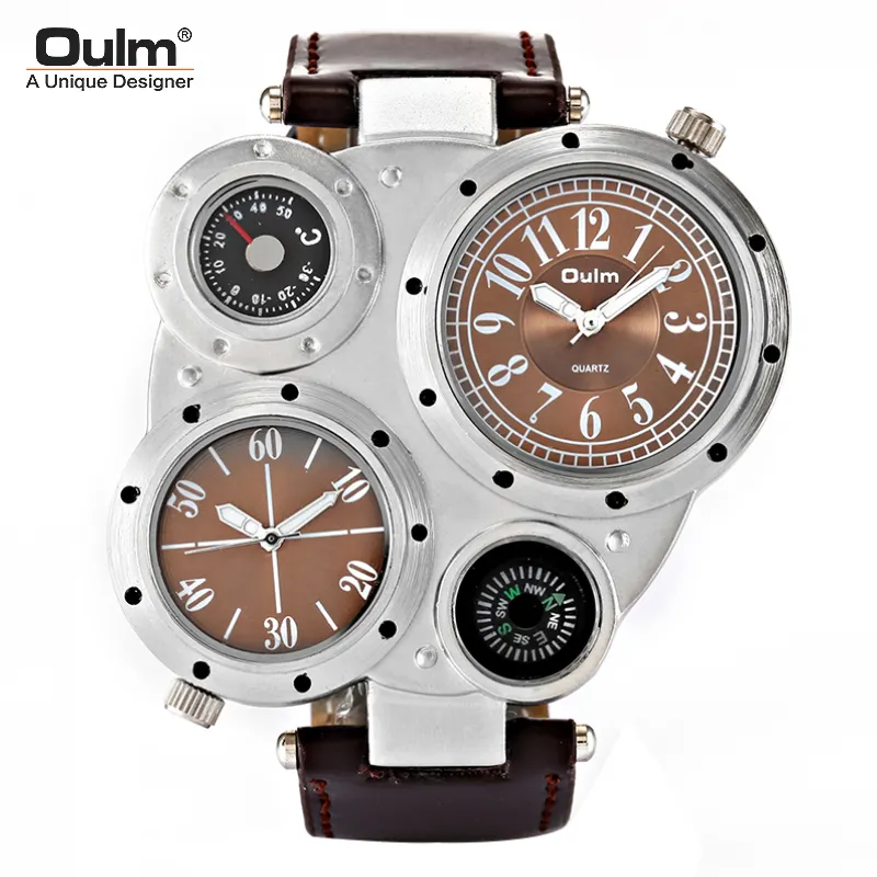 Oulm 9415 Brand Trendy Design Fashion Men Double Time Zone WristWatch Leather Band Compass Thermometer decoration Watch