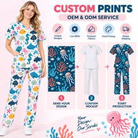 Ensemble de blouses médicales personnalisées à imprimé dessin animé OEM ODM, motif animal, col en V, manches courtes, uniforme d'infirmière, tenue de travail hospitalière unisexe