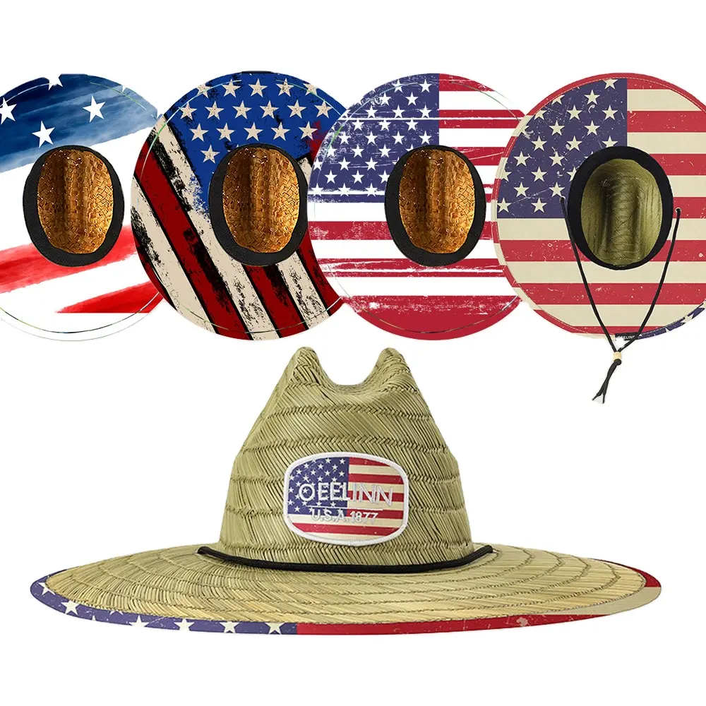 custom logo wide brim american flag lifeguard men's fishing straw beach hats with underbrim print