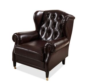 Fauteuil Wingback classique en cuir <span class=keywords><strong>marron</strong></span> <span class=keywords><strong>de</strong></span> luxe avec dossier capitonné profond et pieds en bois à pointe dorée pour salon ou bureau - Product Image 5