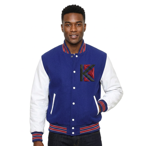 Vintage Royal Blue Men's Varsity Jacket Collection Stand <b>Red</b> White Stripe Leather Sleeves Custom College <b>Wool</b> for Winter - Product Image 1