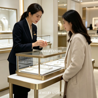 Vitrine de présentation de bijoux rectangulaire de luxe, cadre en métal fin doré, comptoir à bijoux en verre trempé avec éclairage LED, métal élancé