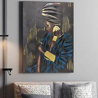 Peinture à l'huile abstraite encadrée sur toile, portrait de femme africaine bleu or, texture moderne, décoration pour la maison et l'hôtel