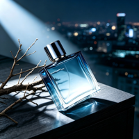 Flacon de parfum en verre plat de luxe, 50 ml, 100 ml. Flacon de parfum transparent avec un bouchon noir.