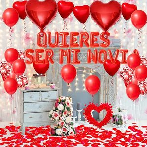 Kit de ballons pour proposition de mariage en espagnol « Quieres Ser Mi Novia », ballons en forme de cœur rouge avec confettis de pétales de rose, ensemble de ballons pour décoration de fête de fiançailles - Product Image 4