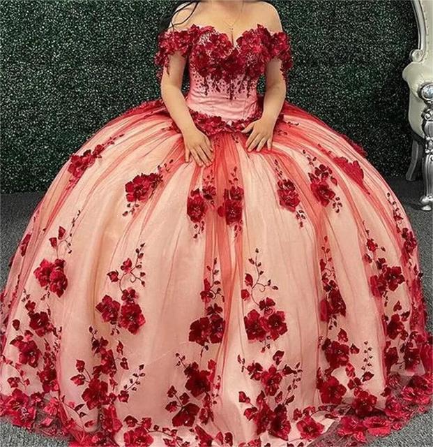 quince red dresses Popular Red Quinceanera Dress Sequined Lace Tulle Skirts Ball Gown Sweet 16 vestidos de quinceaera AW2207223