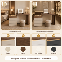 Coiffeuse moderne crème multi-niveaux avec armoire à bijoux, miroir LED, plateau en verre trempé et 6 tiroirs de rangement