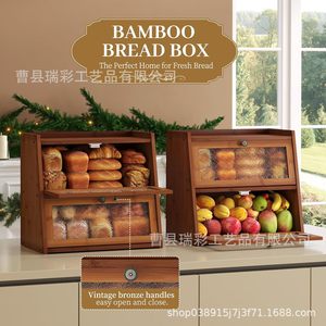 Boîte de rangement à double couche en bambou pour pain, avec couvercle rabattable, anti-poussière, pour cuisine, pain, fruits et collations - Product Image 2