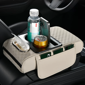 Boîte d'accoudoir multifonction pour voiture, organisateur de console centrale, porte-gobelet, rangement pour mouchoirs, housse en cuir beige - Product Image 3