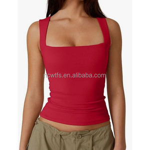 Nouveau débardeur d'été pour <span class=keywords><strong>femme</strong></span>, <span class=keywords><strong>noir</strong></span>, col carré, <span class=keywords><strong>sans</strong></span> manches, double couche, coupe ajustée, basique - Product Image 3