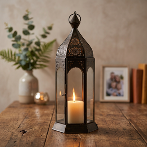 Gold Metal Ramadan Lantern Vintage <b>Candle</b> Holder Stand <b>Large</b> Clear Glass Wooden Lanterns Christmas Eid Muslim Home Table Decor - Product Image 3