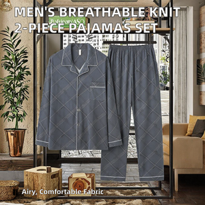 ชุดนอนผู้ชายผ้าฝ้ายถักนิตติ้ง 2 ชิ้น ระบายอากาศได้ดี 100% ผ้าฝ้าย ODM สำหรับฤดูใบไม้ผลิและฤดูใบไม้ร่วง แขนยาวขายาว ชุดลำลองใส่สบายๆ อยู่บ้าน - Product Image 2