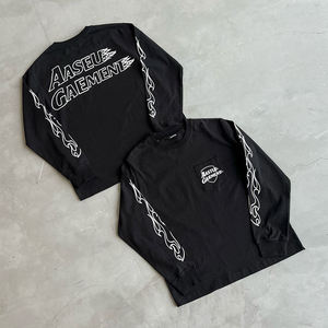 Custom Logo Heavyweight 100% Cotton Streetwear Y2K <b>Flame</b> Print Sleeve Chest Pocket Mens Long Sleeve T <b>Shirt</b> - Product Image 1