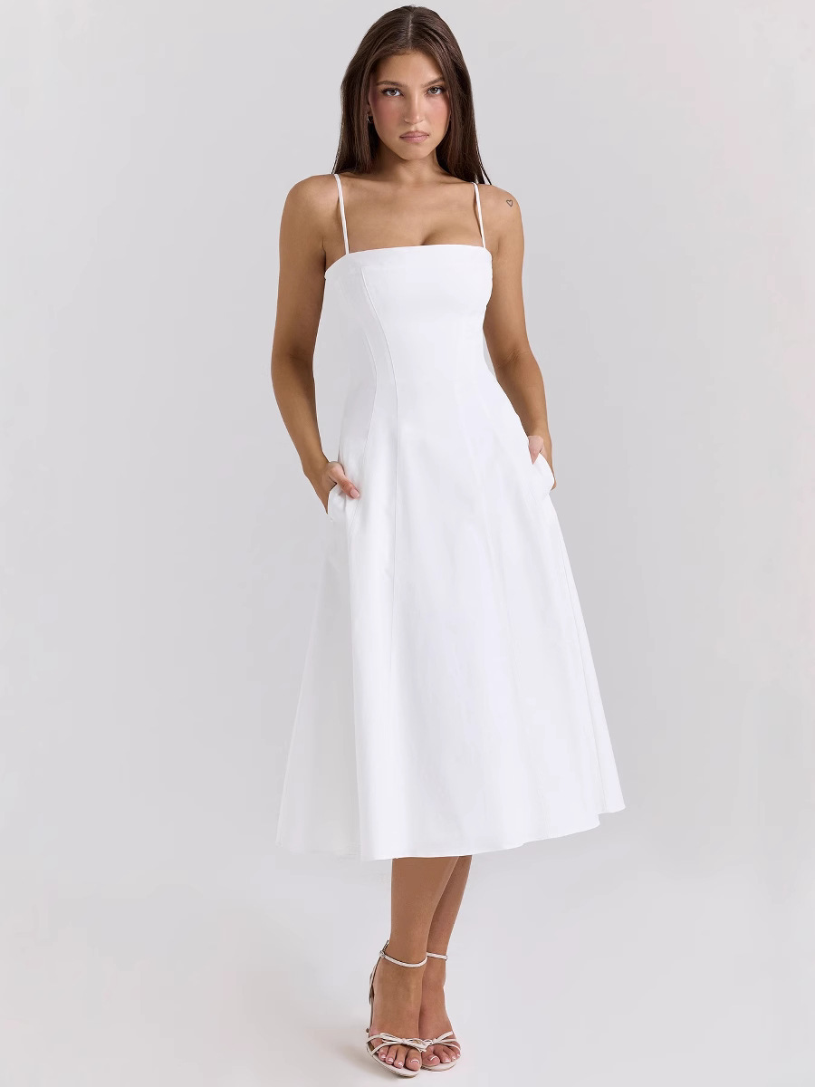 Casual Sleeveless A-line Midi Dress For Women  Breathable Worsted Fabric, Empire Waist, Backless