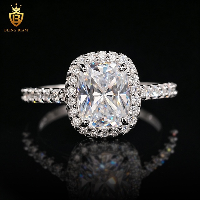 Factory Price Cushion Cut VVS Moissanite Engagement Ring Halo Pave Side Stones 925 Sterling Silver Wedding Jewelry Low MOQ