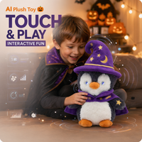 Jouet en peluche interactif pingouin, jouet doux, commande vocale, réponse interactive, réponse IA, racontage d'histoires, apprentissage, cadeaux d'Halloween, OEM