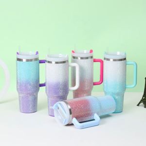Thermos isotherme portable en acier inoxydable à double paroi de 40 oz avec strass dégradés, poignée et paille, personnalisable avec logo, style américain - Product Image 1
