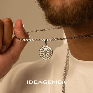 IDEAGEMER High-Grade Retro Personalized Accessory Sterling Silver <b>Compass</b> <b>Necklace</b> with Link Chain & Star Plate Design for Males - Product Image 2
