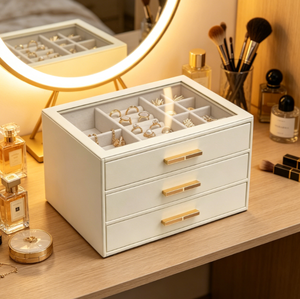 Boîte à bijoux de bureau grande capacité, en cuir PU avec couvercle transparent et doublure en velours, organiseur pour tous types d'accessoires - Product Image 5