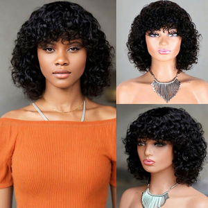Amygirl for African Curly Cut <b>Wig</b> Machine Made 100% Remy Indian Hair Glueless 10" Length 180% Density 8A-12A 1 Piece Light - Product Image 4