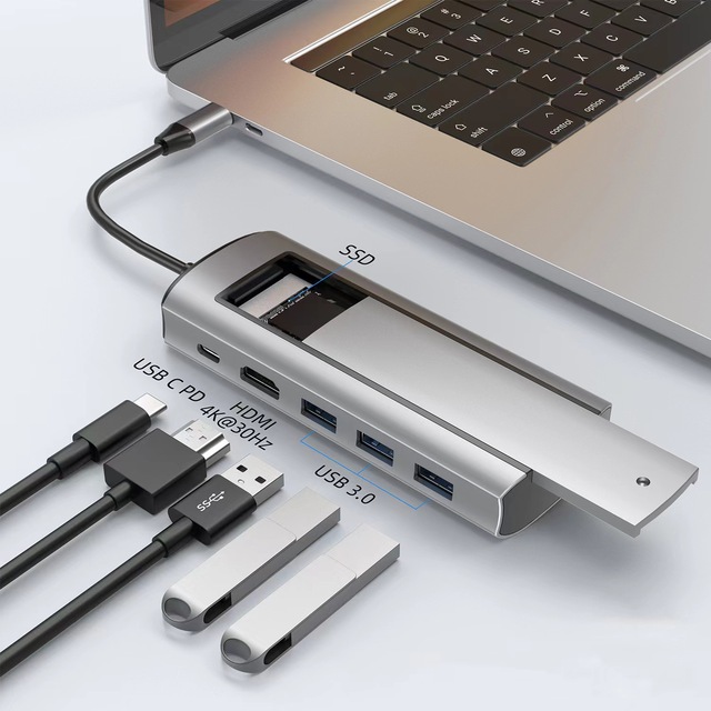 New USB C HUB Type-C to USB Adapter 6 in 1 Docking Station M.2 SSD NVMe SATA Case 4K 60Hz HDTV PD 100W USB 3.0 Docking Station