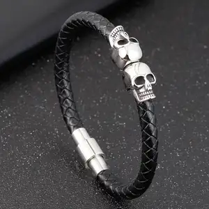 Hip Hop Handmade Rope Bracelet Punk Stainless Steel Magnet Clasp Skull Charm Leather Braided Bracelet Jewelry SK-004