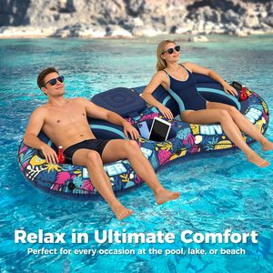 2 Person <b>Inflatable</b> River Tube 5 in 1 Heavy Duty Raft with Backrests Cooler Cup Holders Floating Lounge Lake <b>Pool</b> Relaxation - Product Image 5