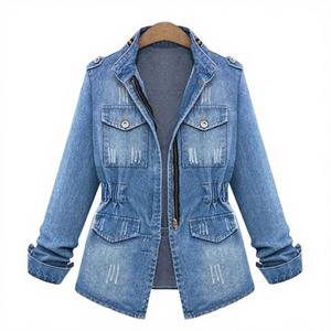 Nouvelle veste en jean coréenne automne-hiver 5XL pour femmes, veste longue ajustée, veste en jean décontractée bleu <span class=keywords><strong>marine</strong></span> effilochée pour femmes - Product Image 4