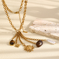 Collier en acier inoxydable avec pendentifs en pierre/perle/soleil pour femmes, accessoires imperméables 18K, bijoux de mode pour le cou