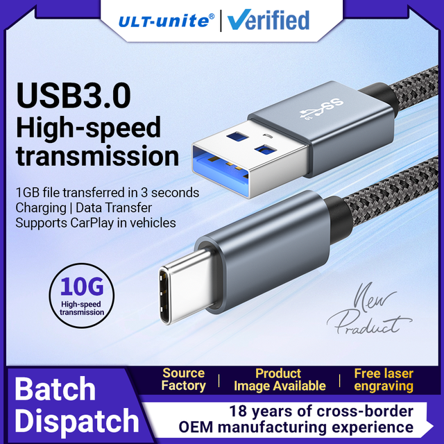 ULT-unite USB3.0 Aluminum Alloy Braided USB3.0 a to c Cable Type c Cable Fast Data Charging Cord 10Gbps Data Cable 60w
