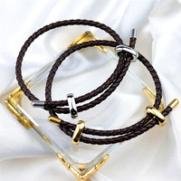 Bracelet réglable en cuir tressé double couleur bleu unisexe tendance pour femmes et hommes Bijoux