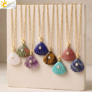 Collar con Colgante de Piedra Natural CSJA, Concha Tallada, Cristal de Amatista, Dije de Acero Inoxidable para Fabricación de Joyería DIY <span class=keywords><strong>H886</strong></span> - Product Image 1