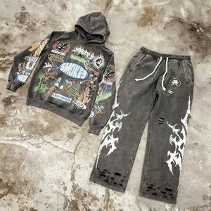 Oferta Especial: Sudadera con Capucha Oversize para Hombre, Transpirable, de Invierno, con Estampado Digital Directo y Lavado Ácido, y Pantalones Deportivos Acampanados con Pedrería Apilada - Product Image 2