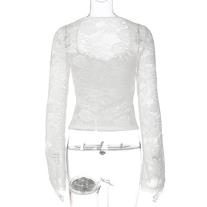 Wholesale 2026 Spring Hot Selling Women's Fashion Sexy Lace <strong>Patchwork</strong> See-Through Strappy Long Sleeve Blouses and <strong>Tops</strong> - Product Image 4