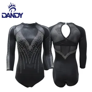 Dandy custom black long sleeves dance leotard shiny dance costume gymnastics leotard