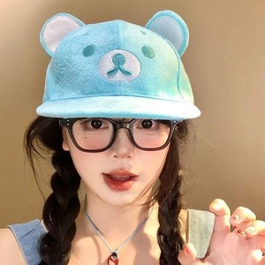 Cute Bear Ears <b>Flat</b> Brim Baseball Cap Women's Cartoon Face Slimming Duckbill <b>Hat</b> Mint Green Sun Protection - Product Image 2