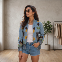 Blouson Bomber Matelassé Réversible en Velours Tricoté Brodé Suzani Style Hippie Vintage Automne Hiver Respirant 100% Fleurs