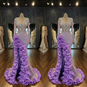 Purple Straight Casual Eco-Friendly Breathable Anti-static Empire Waist Organza Ruffles Sweep Train Floor-Length Evening <b>Dress</b> - Product Image 2